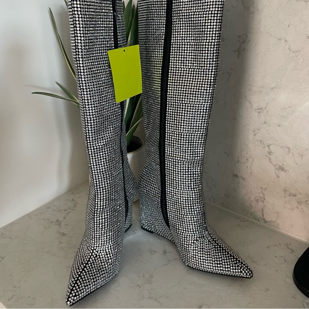 Silver Embellished Knee-High Wedge Boot - Women - Picture 3 of 12